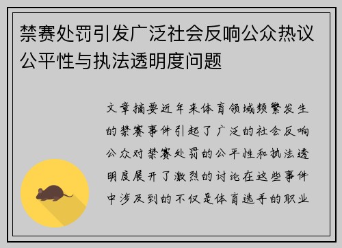 禁赛处罚引发广泛社会反响公众热议公平性与执法透明度问题